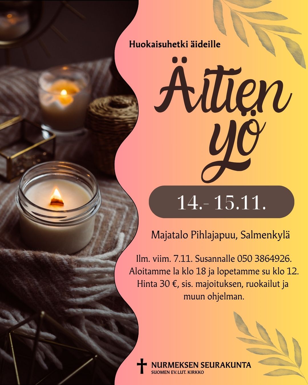 tapahtuman tiedot, kuvituksena kynttilöitä