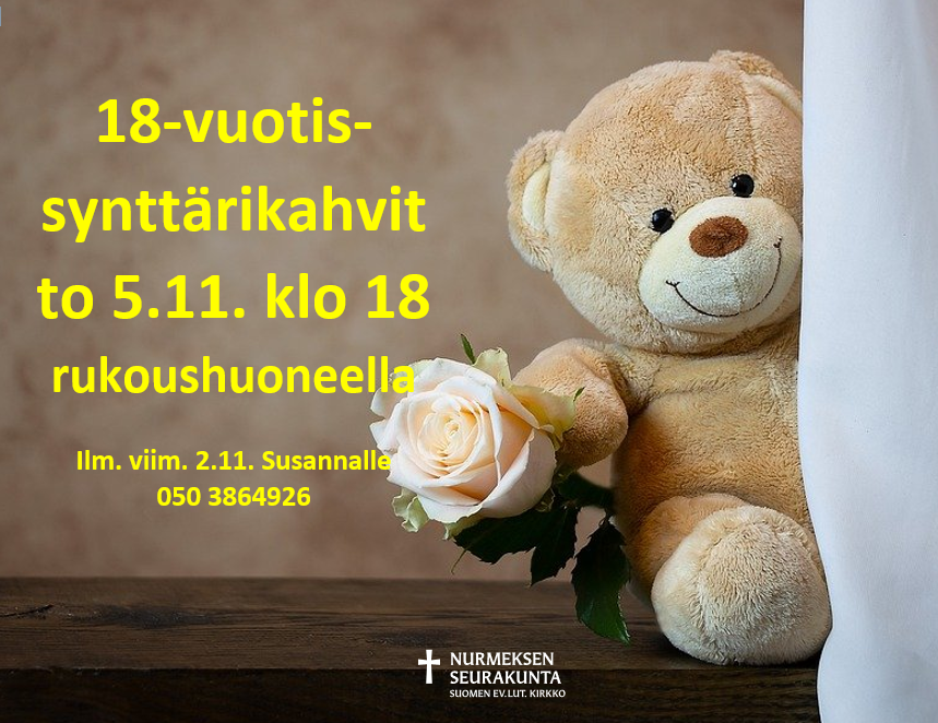 tapahtuman tiedot, kuvituksena nalle kurkkaa verhon takaa ruusu kädessään