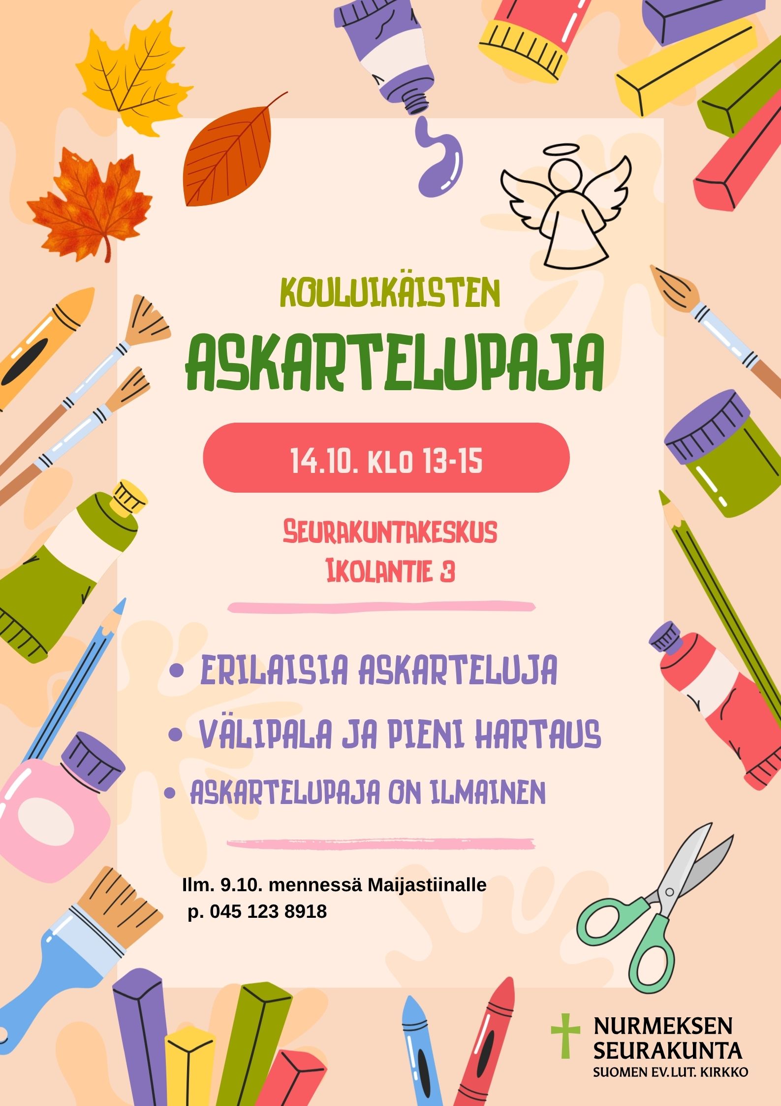 Tapahtuman tiedot, kuvituksena syksyn lehtiä ja askartelu tarvikkeita.