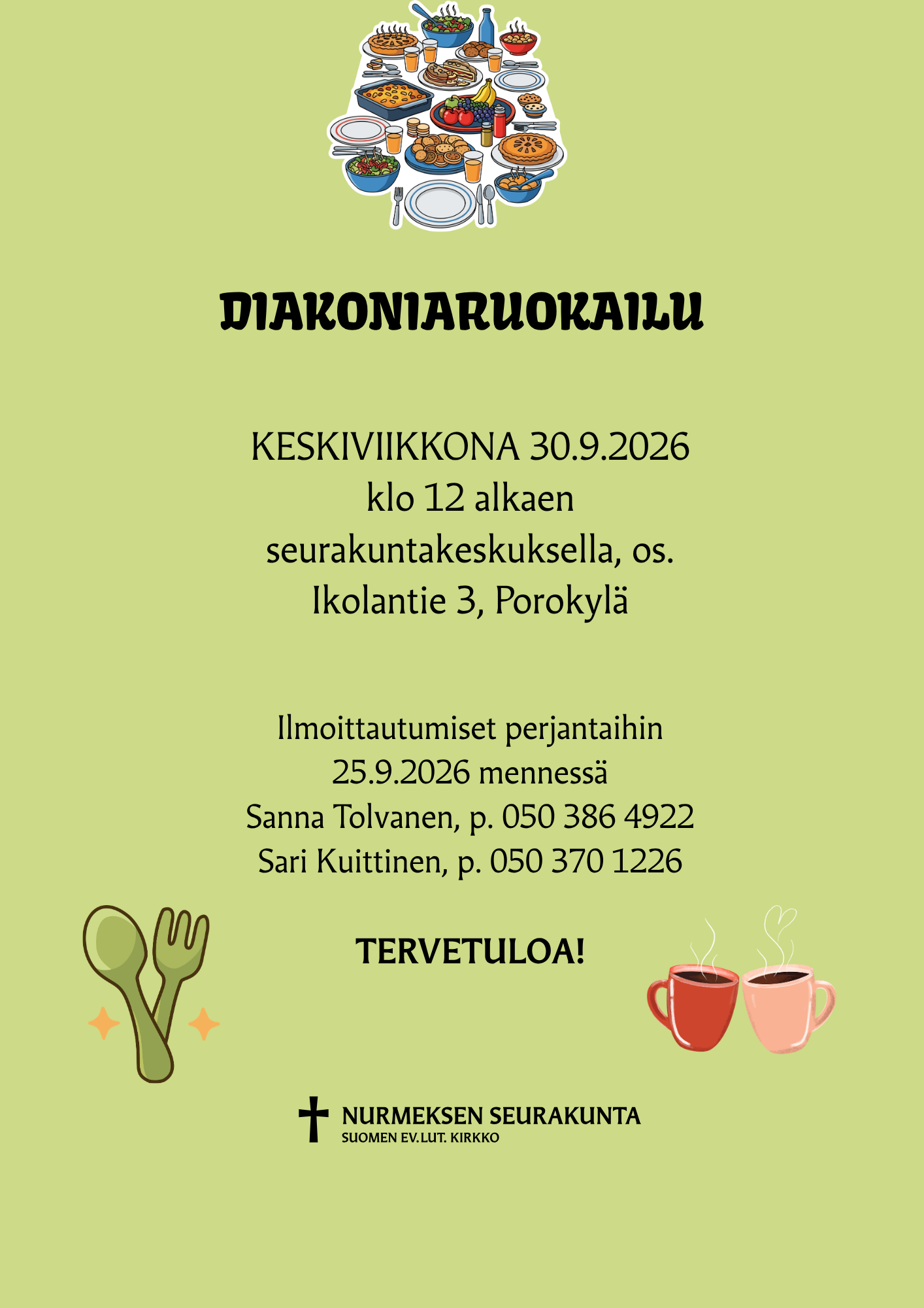 Kuvassa mainos diakoniaruokailusta. Samat tiedot tekstissä.