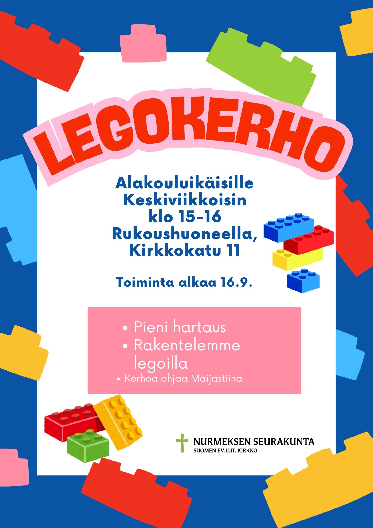 tapahtuman tiedot ja kuvituksena legoja