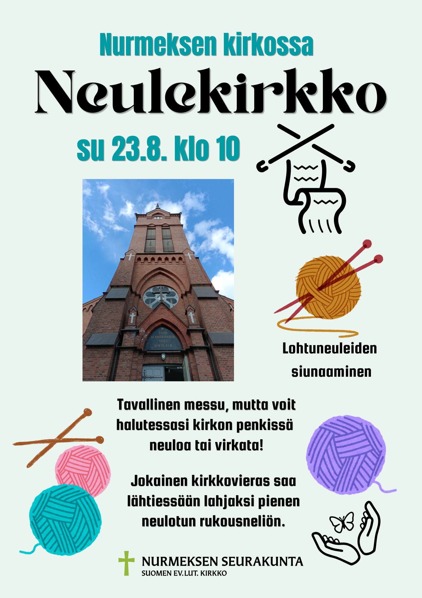 tapahtuman tiedot, Nurmeksen kirkon kuva, kuvituksena lankakeriä