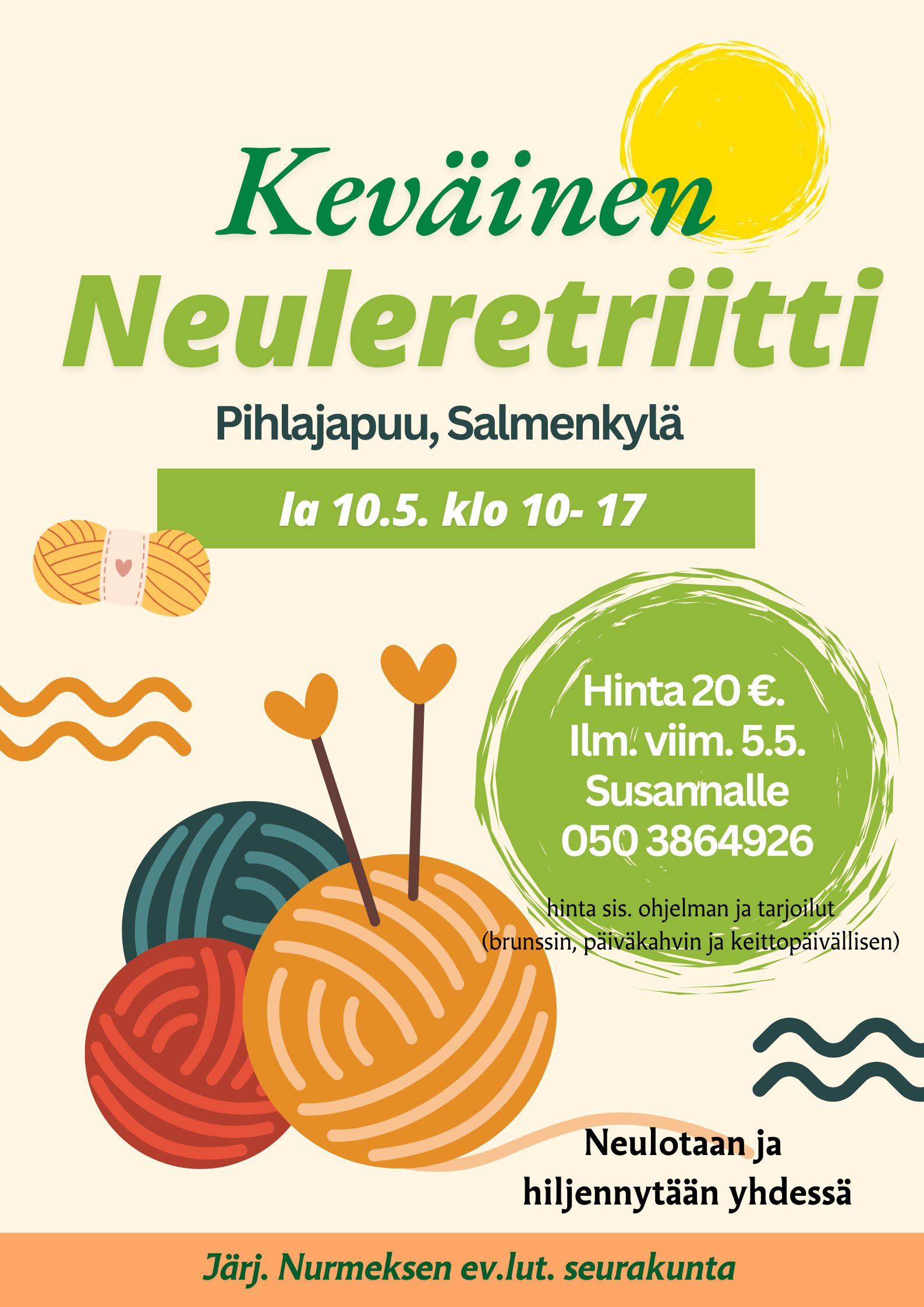 Keväinen neuleretriitti tapahtuman tiedot ja kuvituksena lankakeriä