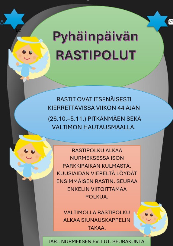 Mainoksessa tiedot tapahtumasta sekä enkeli kuvia.