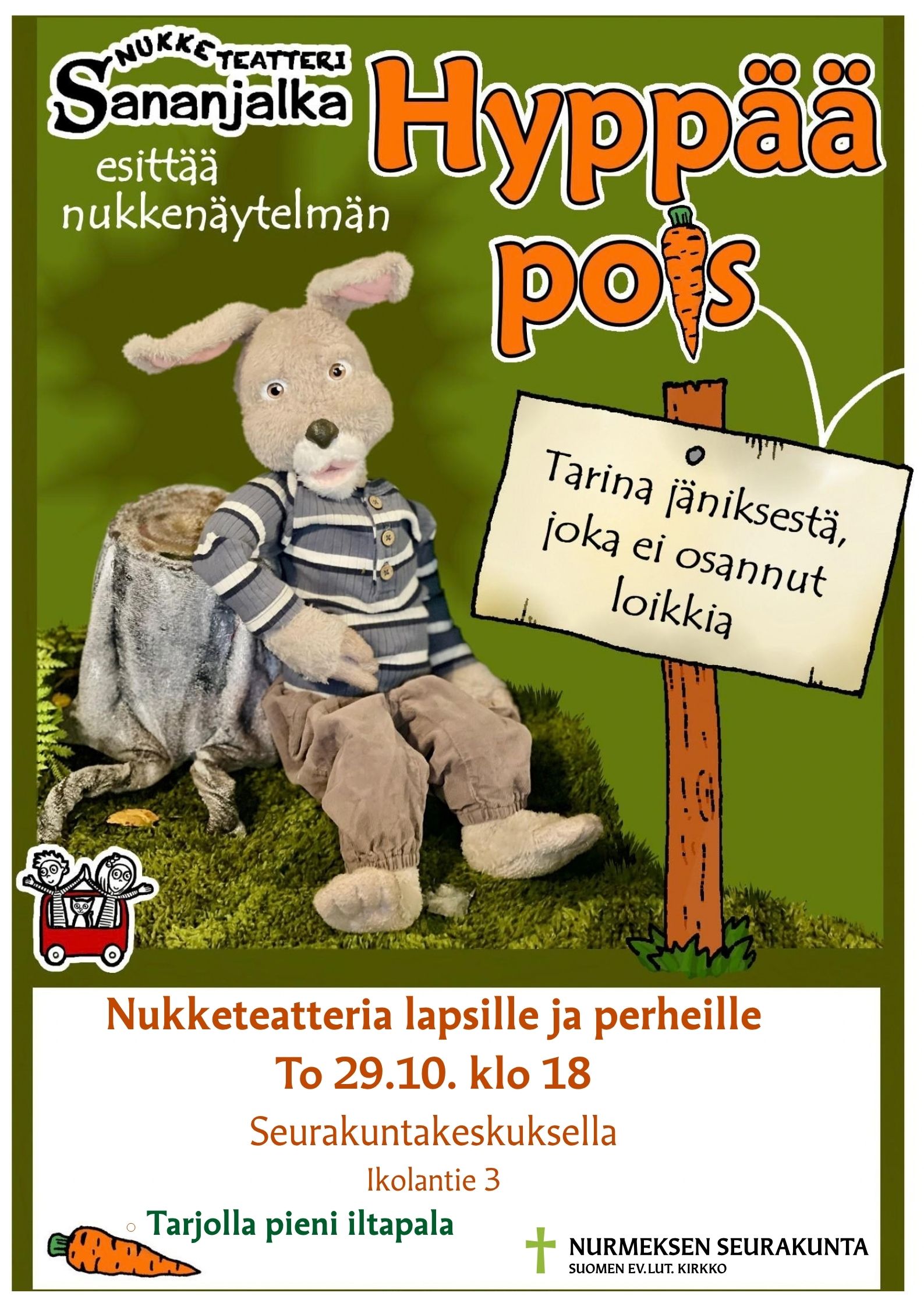 Tapahtuman tiedot ja kuvituksena jänis käsinukke.