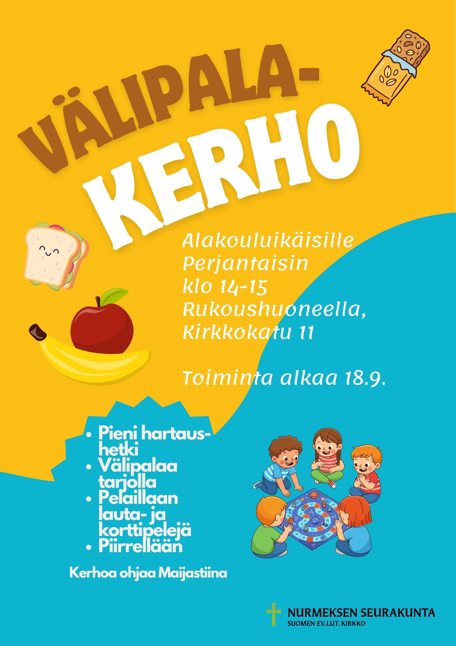 tapahtuman tiedot, kuvituksena välipalatarvikkeita