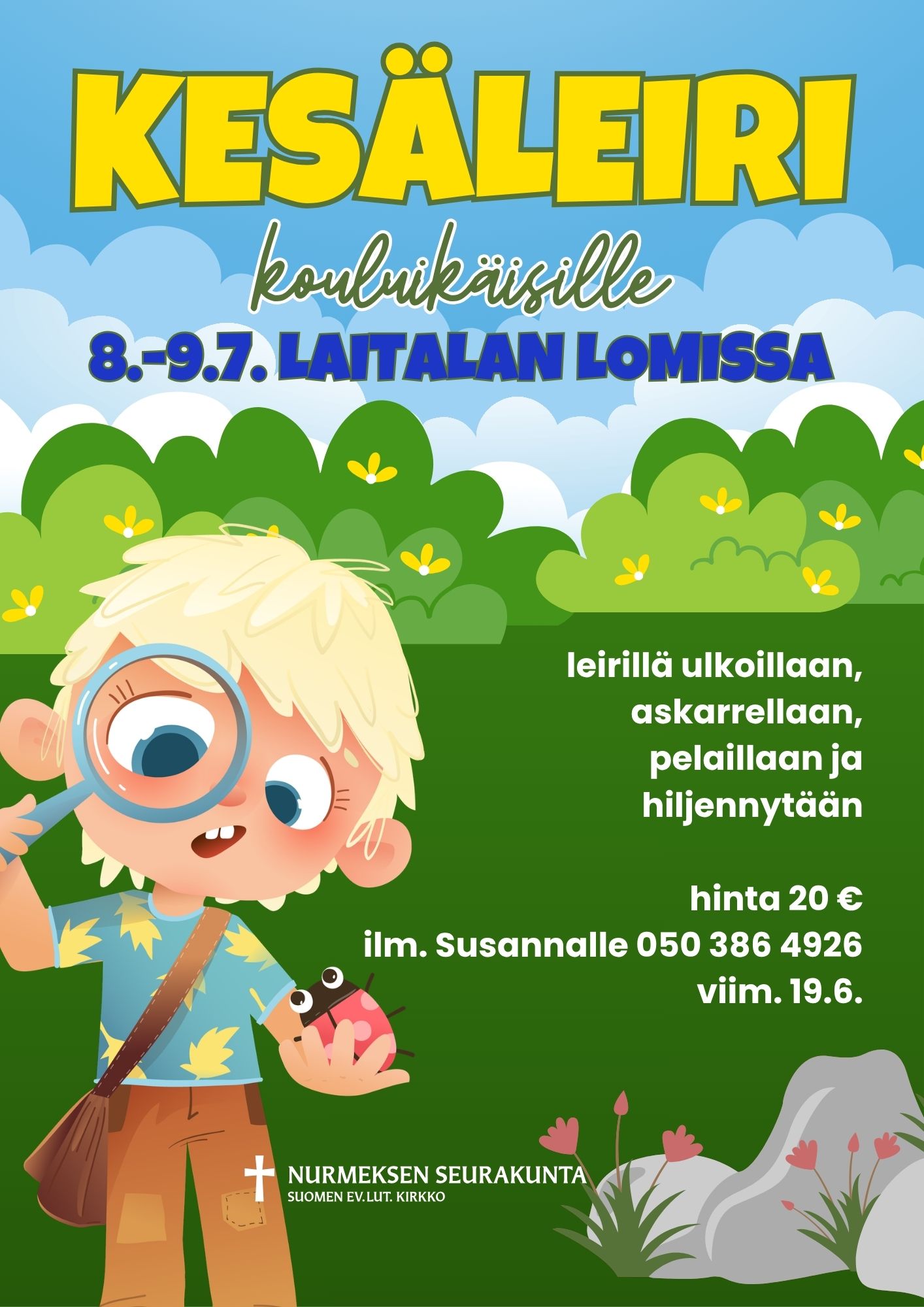 kesäleirin tiedot kuvassa, kesäistä maisemaa, lapsi suurennuslasin kanssa