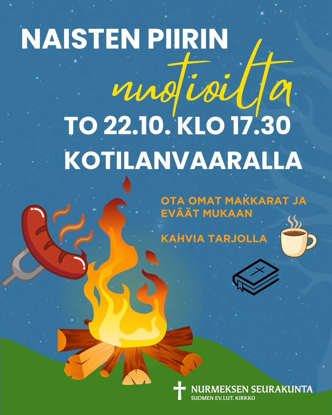 tapahtuman tiedot, kuvana nuotio ja makkara