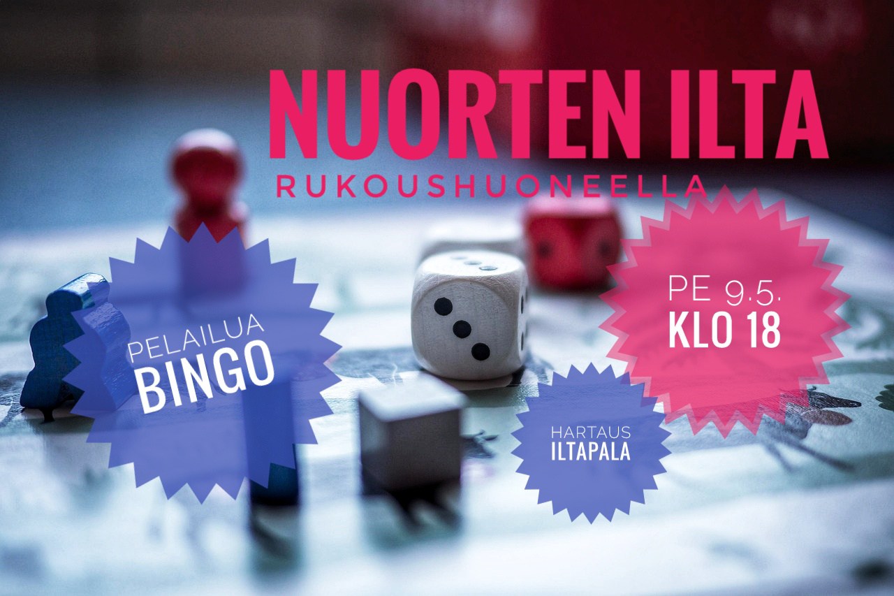 Nuorten ilta kuvassa tapahtuman tiedot, taustana pelinappuloita
