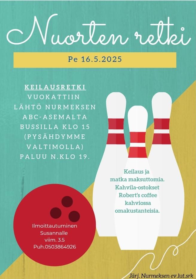 tapahtuman tiedot ja keilat ja pallo kuvana