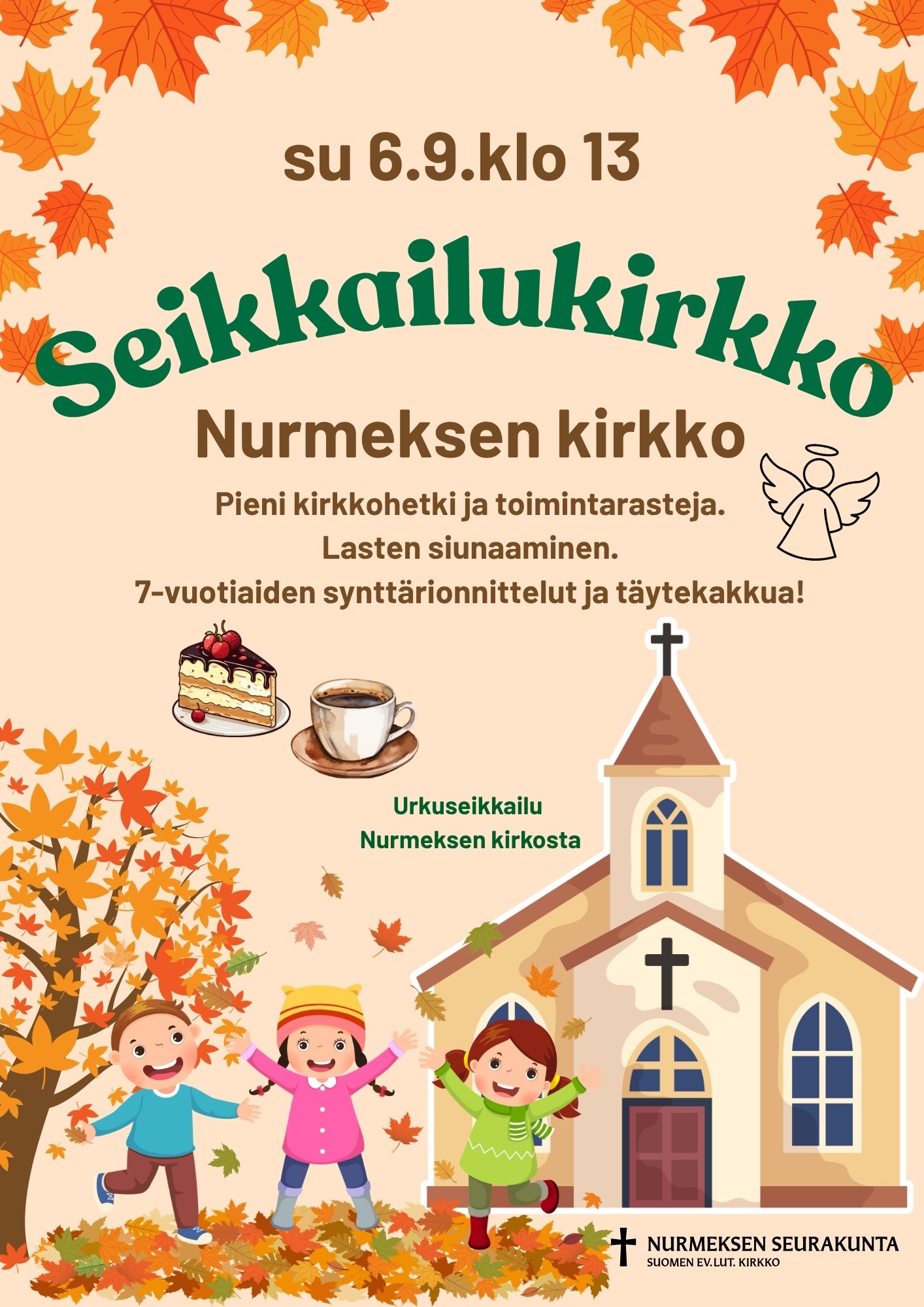 tapahtuman tiedot ja kuvituksena kirkon kuva, lapsia ja syksyn lehtiä