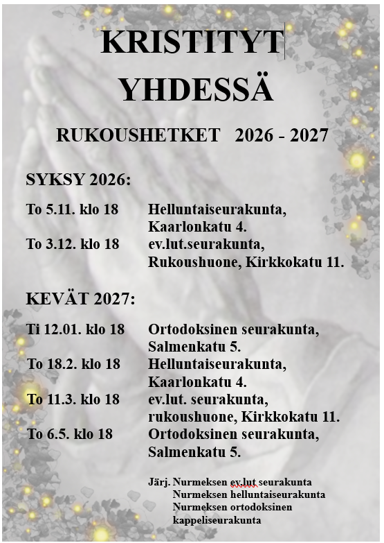   Tapahtuman tiedot ja rukoilevat kädet taustalla-