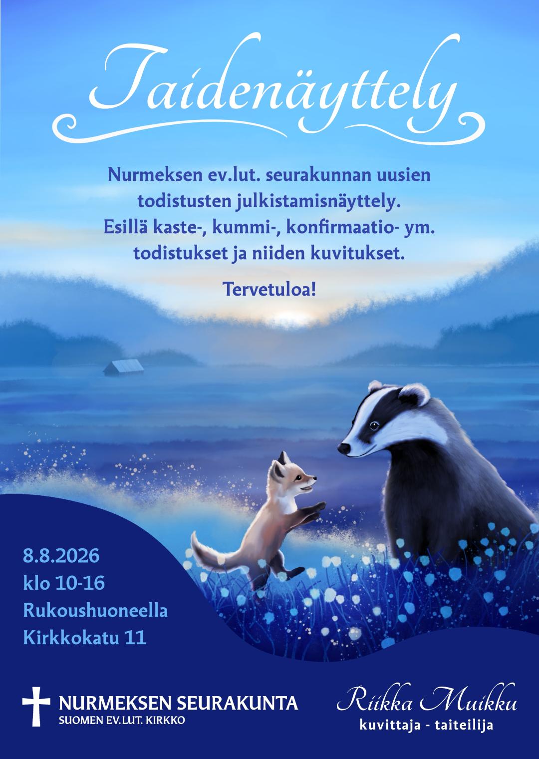 Kettulapsi ja mäyräkummi kohtaavat sinisävyisellä kesäisellä niityllä.