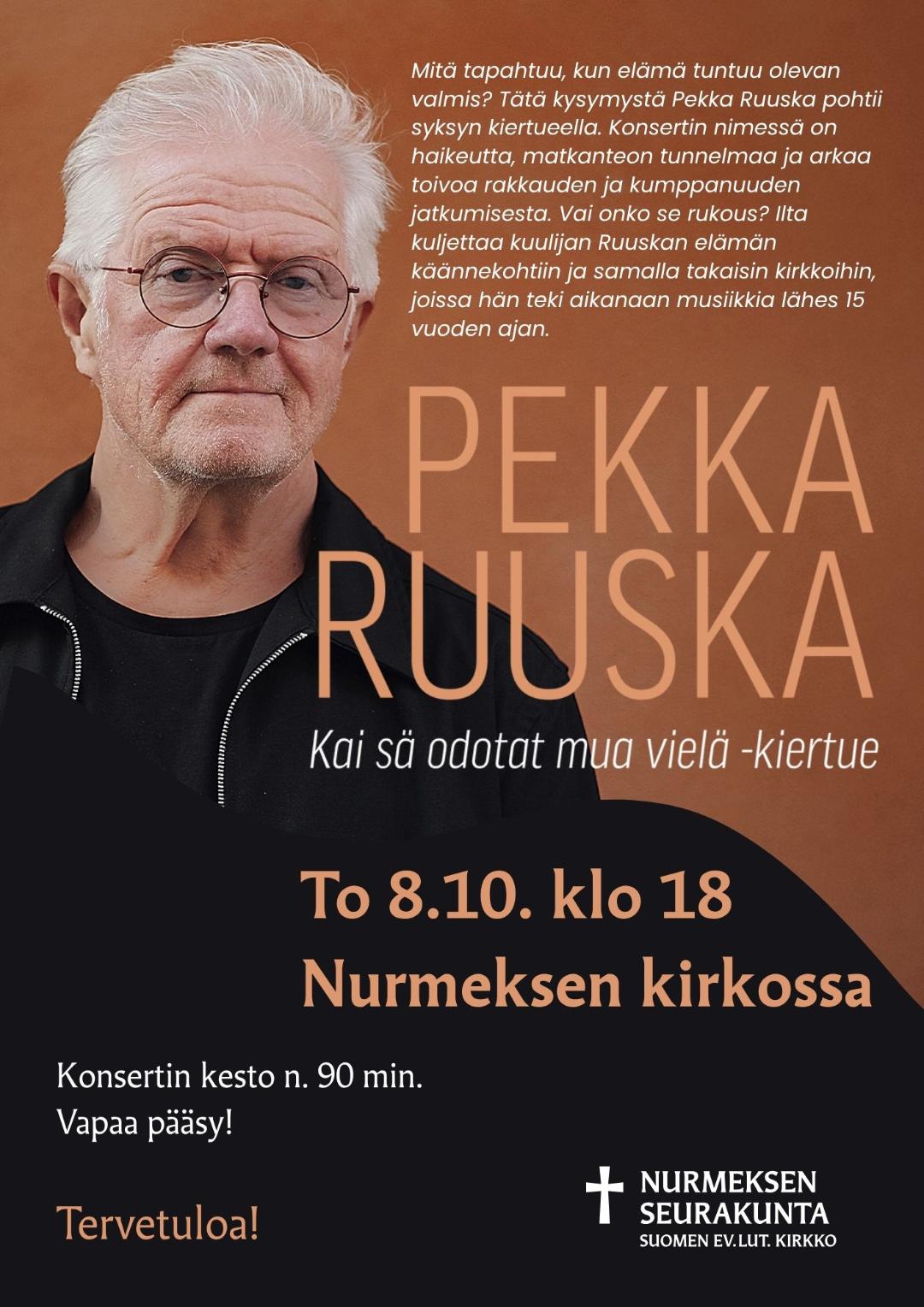 Pekka Ruuskan valokuva ruskealla pohjalla ja tapahtuman tiedot.